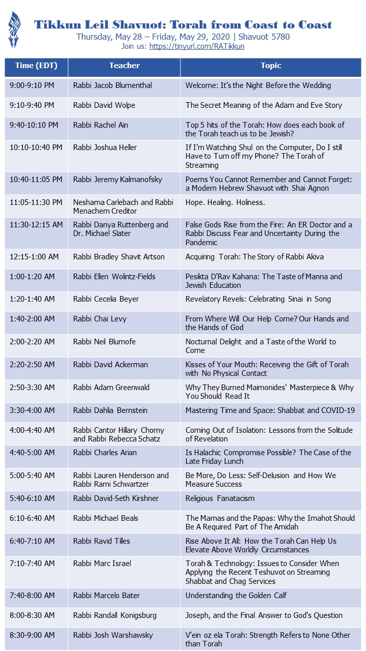 Schedule for Tikkun Leil Shavuot